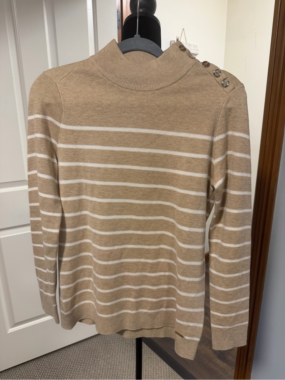 Calvin Klein Striped Mock Neck Sweater Gold Button Shoulder Small